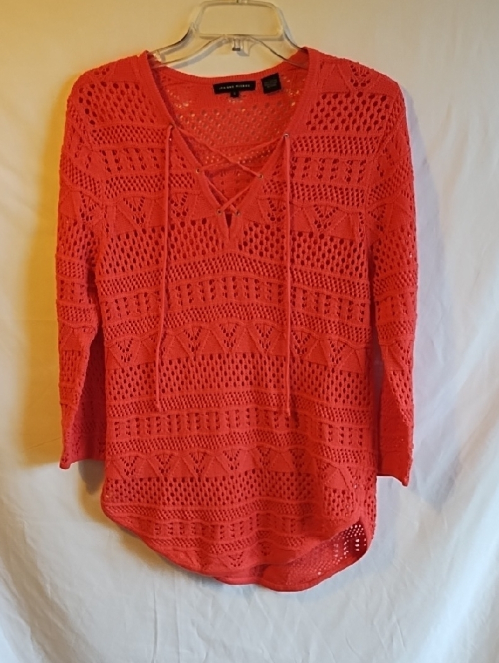JEANNE PIERRE Coral Open-Knit Lace-Up Sweater